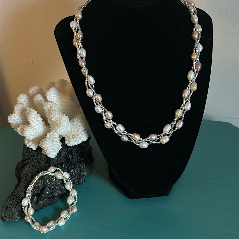 Multi-Color Freshwater Rice Pearl Braided Necklace and Bracelet 2 Piece Set